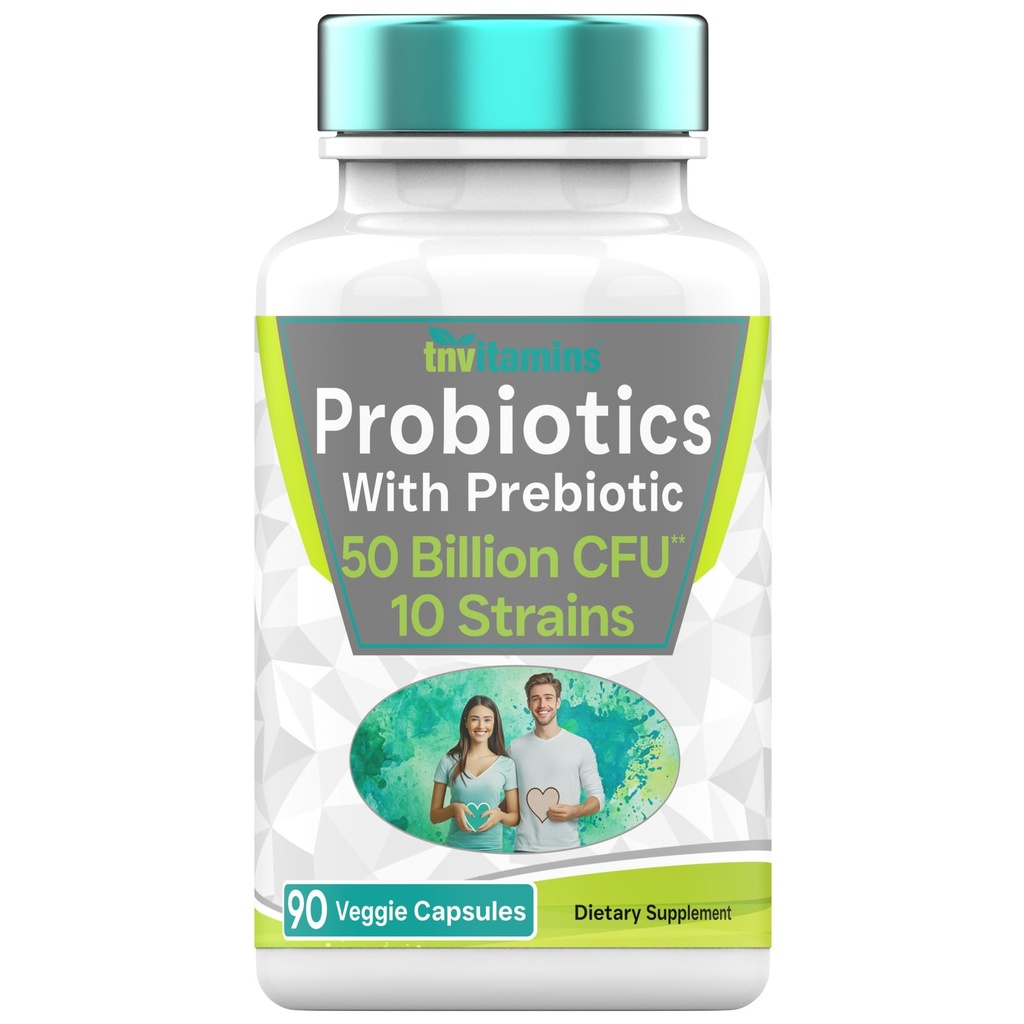 tnvitamins Probiotics with Prebiotic: 50 Billion CFU - 10 Strain - 90 Vegetarian Capsules | with Acidophilus Probiotic for Digestive Health, Gut Health, & Immune Support* | for Men & Women