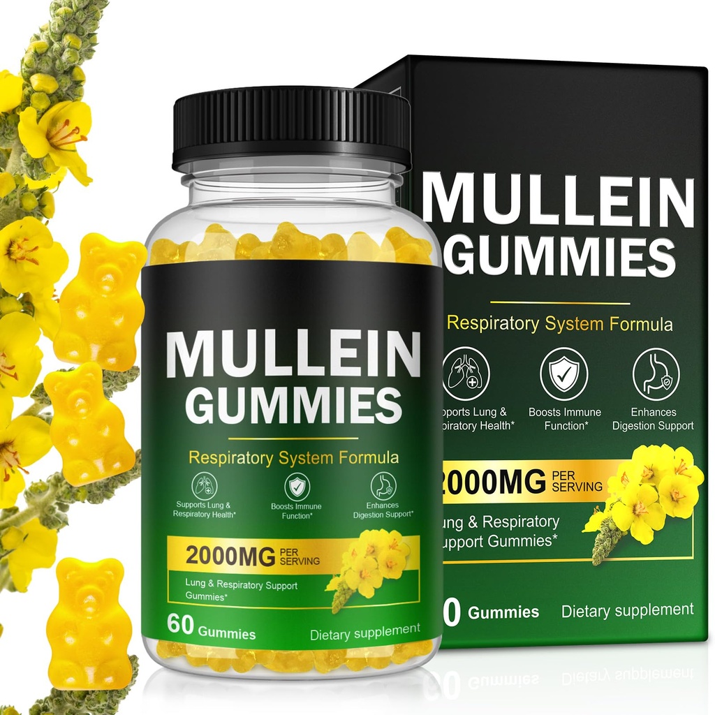 Mullein Gummies for Lung Detox, 2000mg Mullein Leaf Extract for Respiratory & Diguestive & immunsupport w / Quercetin, Bromelain, Elderberry & Marshmallow, Vegan 120 Gummies (1 flaske 60 Gummies) (1)