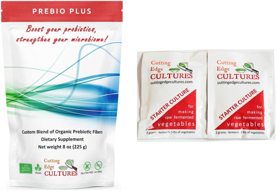 Cutting Edge Cultures Prebio Plus Prebiotic Fiber Powder Best Custom Blend of Organic Prebiotic Fibers Dietary Supplement 8 oz (Prebio Plus 8oz + Vegetabilsk Starter 4 Grams)