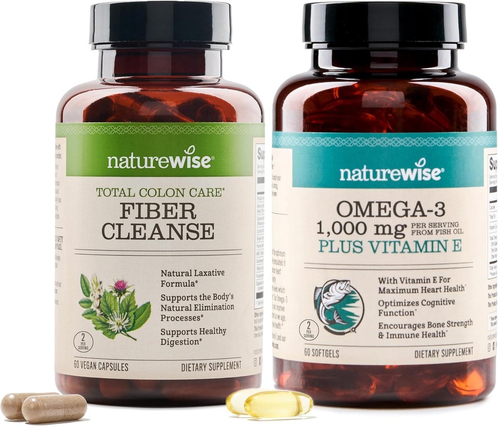 NatureWise Total Colon Care Fiber Cleanse og Omega 3 Fish Oil Capsules [60 Greve hver]