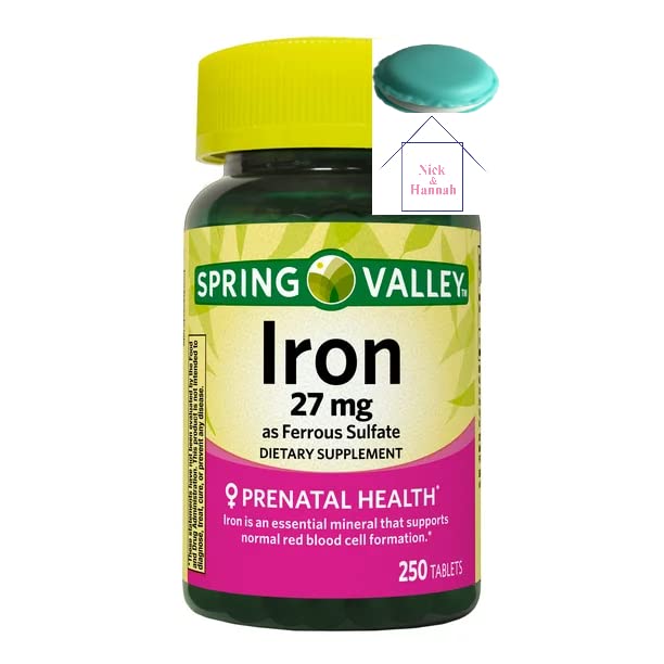Spring Valley Jern som ferrosulfattabletter Kosttilskud, 27 mg, 250 greve + 1 Mini Pill Container (Farvestokke)