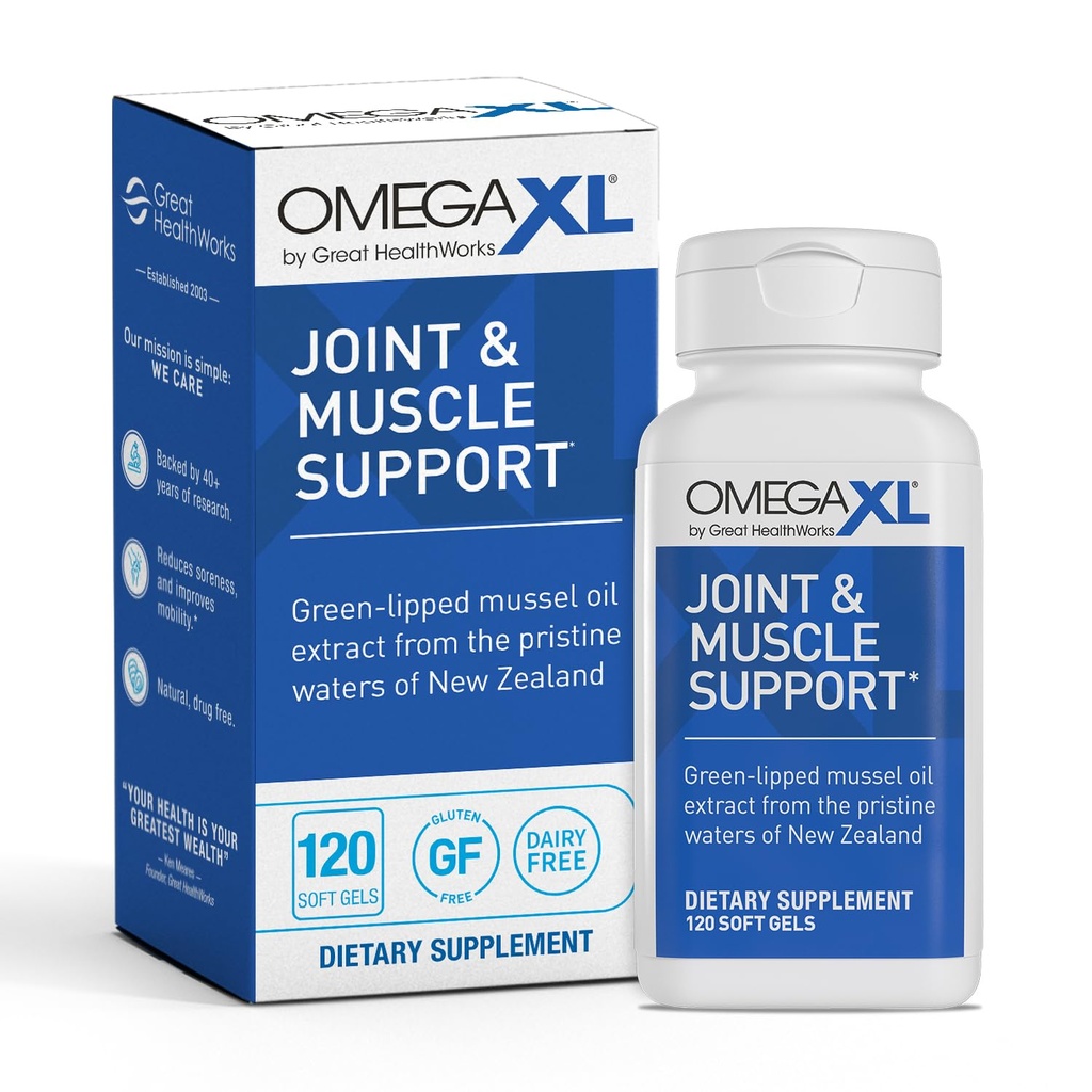 OmegaXL Joint Support - Natural Muscle Support, Green Lipped Mussel Oil, Soft Gel Pills, Drug- Free, 120 Greve