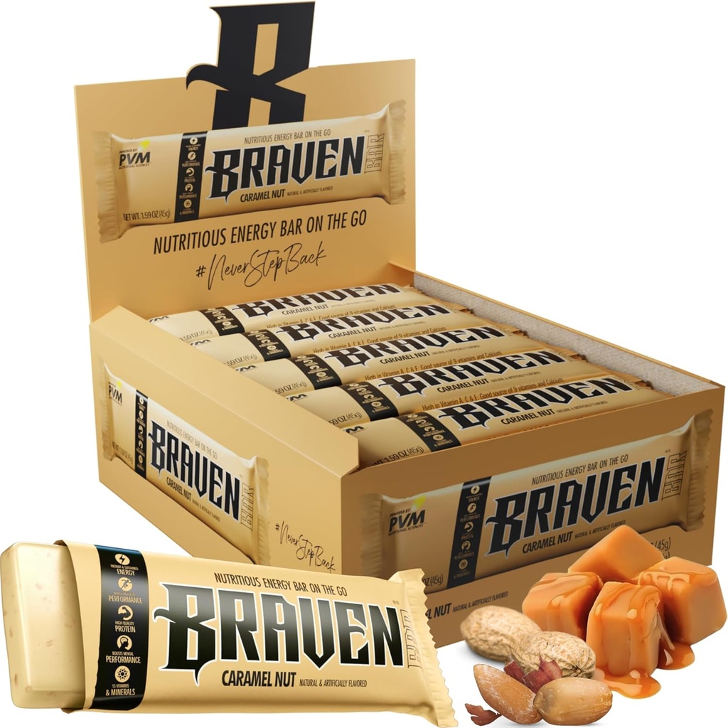 Braven Bar Caramel Nut Energy Bars (1.59 oz, Pack of 20) - EnergiChews med 5g Protein - On- the- Go Energisnacks til løb, vandreture og sport - Gluten Free Snacks til vedvarende energi Boost