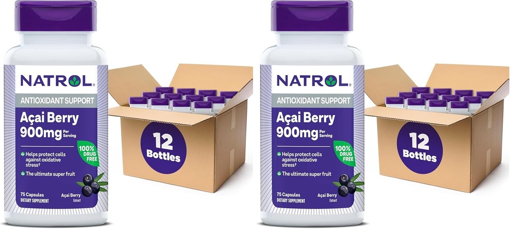 Natrol Acai Berry, Kosttilskud, Antioxidant Protection & Defense, The Ultimate Super Fruit, 1000 mg Veggie Capsules, 75 Greve (Pack of 24)