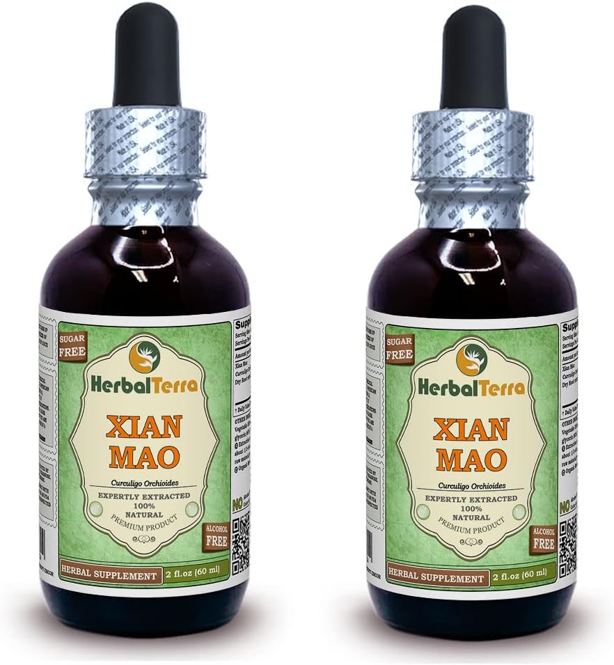 Xian Mao, Curculigo (Curculigo Orchioides) Glycerit, Organic Tørret Root Powder Alkohol- Free Liquid Extract (Brand Name: HerbalTerra, Stolt Made in USA) 2x2 fl.oz (2x60 ml)