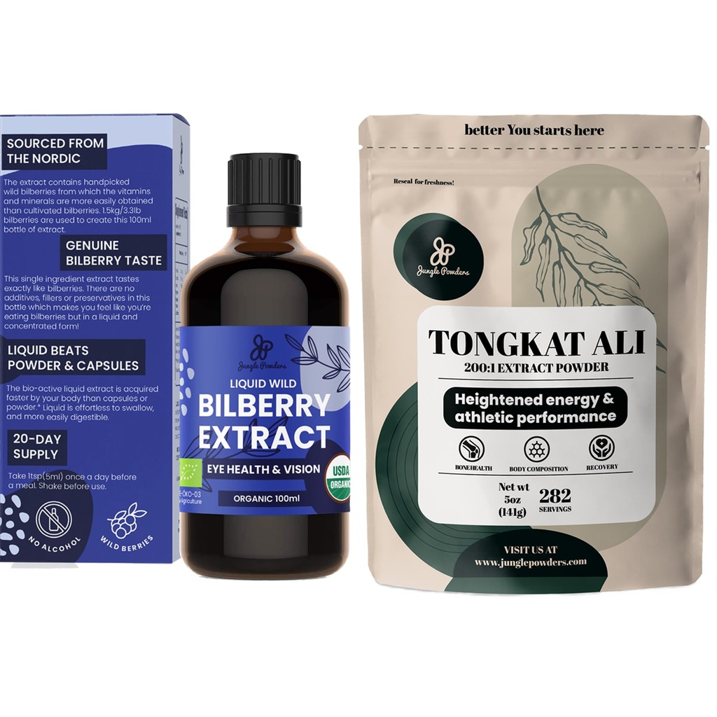 Jungle Powders Tongkat Ali for mænd Powders 200: 1 Extract 5 Ounce Bag, Wild Bilberry Extract for Eyes Organic 3.4oz Flaske Bilberry supplement til øjne