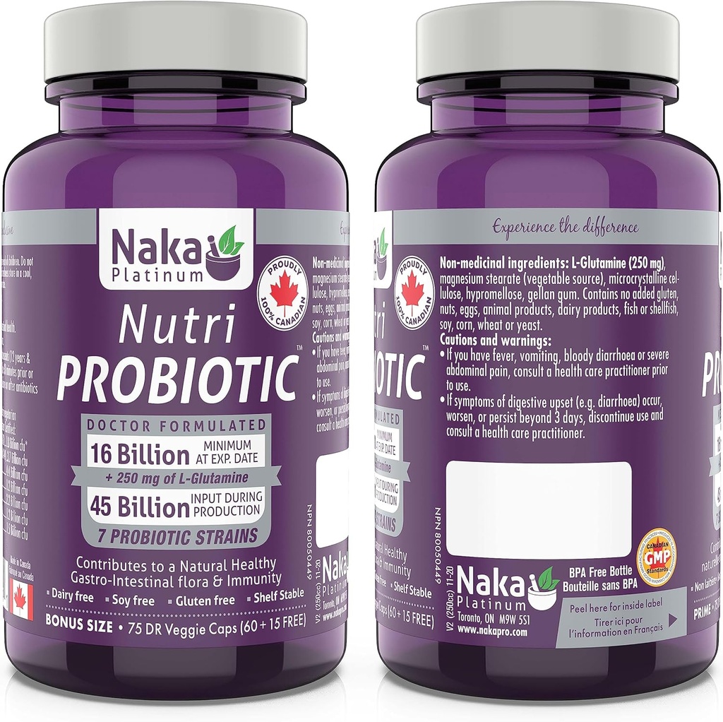 Naka Pro Herbs Platinum Nutri Probiotic (7 Strops, 16 Millioner +) Hylde Stable, 75 Vcaps 1 Count Packaging May Vary