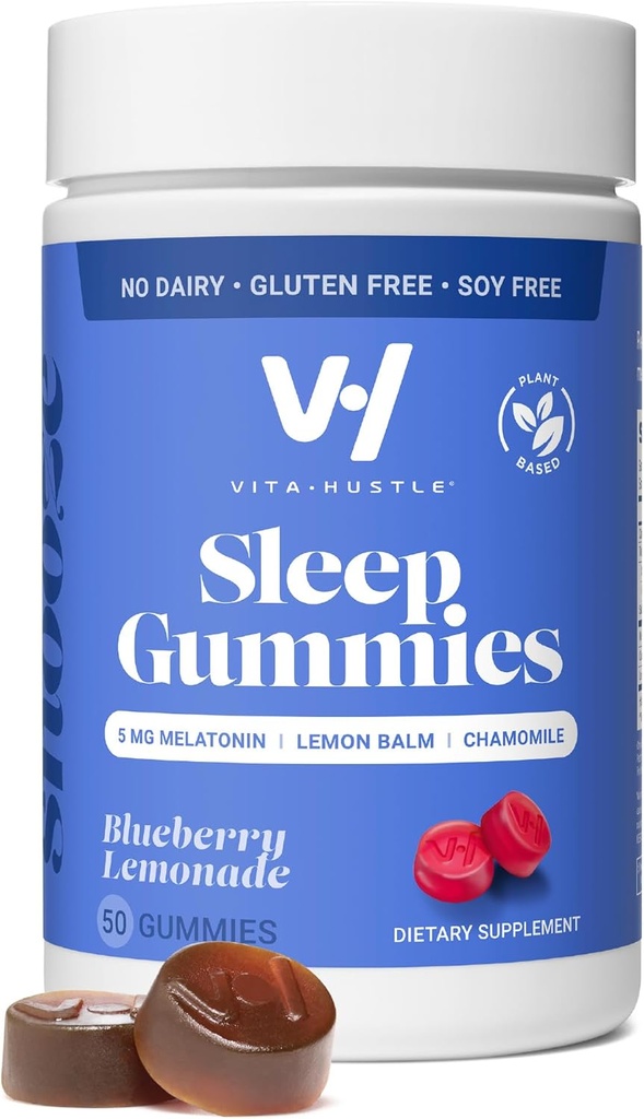 VitaHustle Natural Sleep Gummy 5 mg Melatonin, Lemon Balm, Kamille, Relax & Sleep Aid, Lavsukker, Plantbaseret, Blåbær Lemonade, 50 Greve