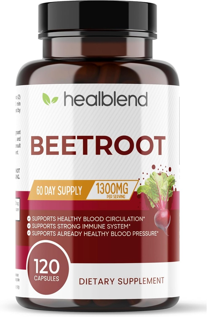 Healbend Organic Beet Root Capsules 1300mg - Nitrooxid Booster Beets Support sundt blodtryk, hjerte sundhed, cirkulering Superfood - 120 Tæl