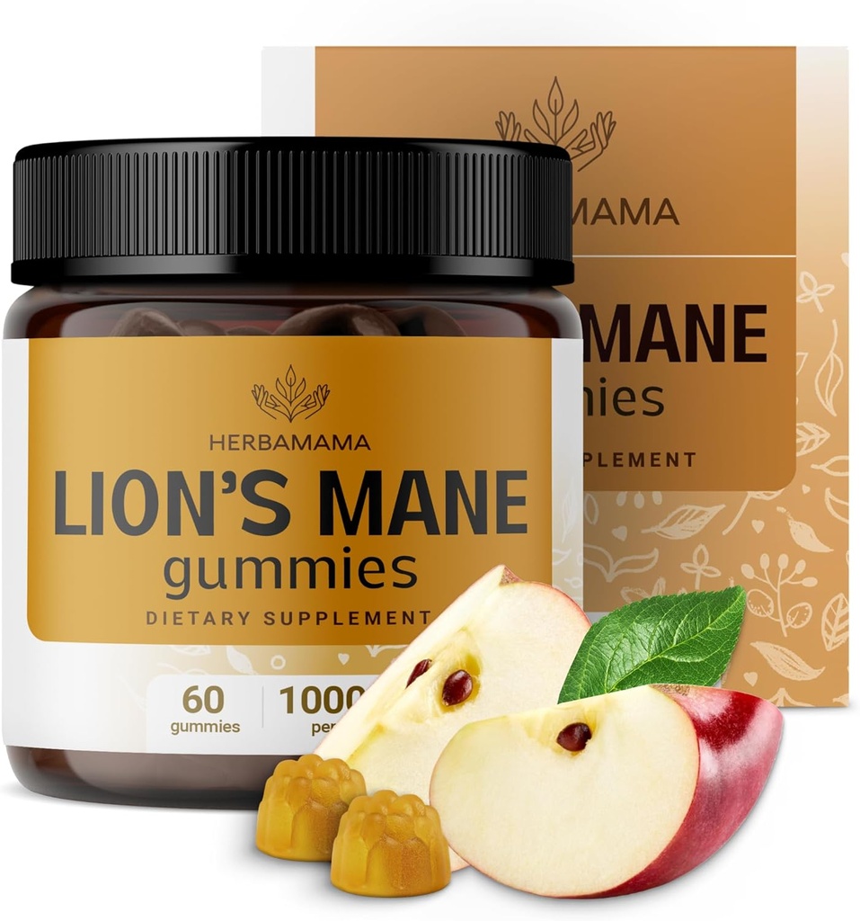 HERBAMAMA Lions Mane Gummies - 1000mg Lions Mane Mushroom for Brain Clarity Support - Vegan, Non- GMO Focus Supplement for voksne - 60 Pectin- baserede Apple- Flavored Chews