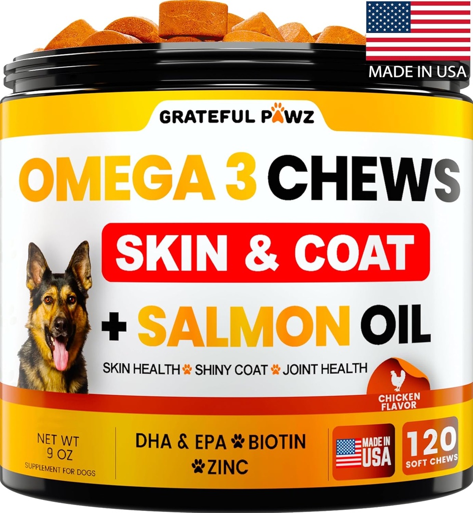 Omega 3 for hunde - Fish Oil for Dogs Chews - Allergi og Itch Relief - Anti Shedding Supplement - Fælles sundhedsbehandling - Tør Itchy Skin og Coat Supplement - Lakseolie - EPA & DHA - Made in USA