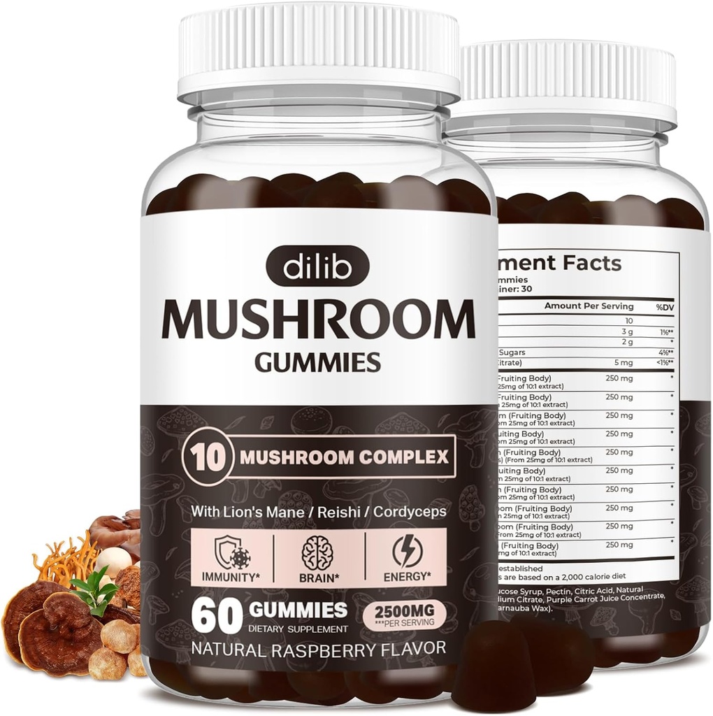 Mushroom Gummies 10 Blend Mushrooms Complex 250 mg med Lions Mane, Cordyceps, Tyrkiet Hale, Chaga, Reishi Supplement- Focus, Clarity, Memory, Energy, immunsupport- 60 Gummies