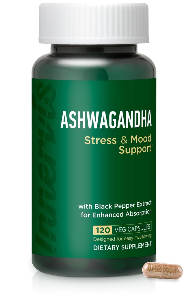 Ashwagandha 500mg - Stress Relief, Mood Balance & Afslapning med sort peber, 120 Veganske kapsler