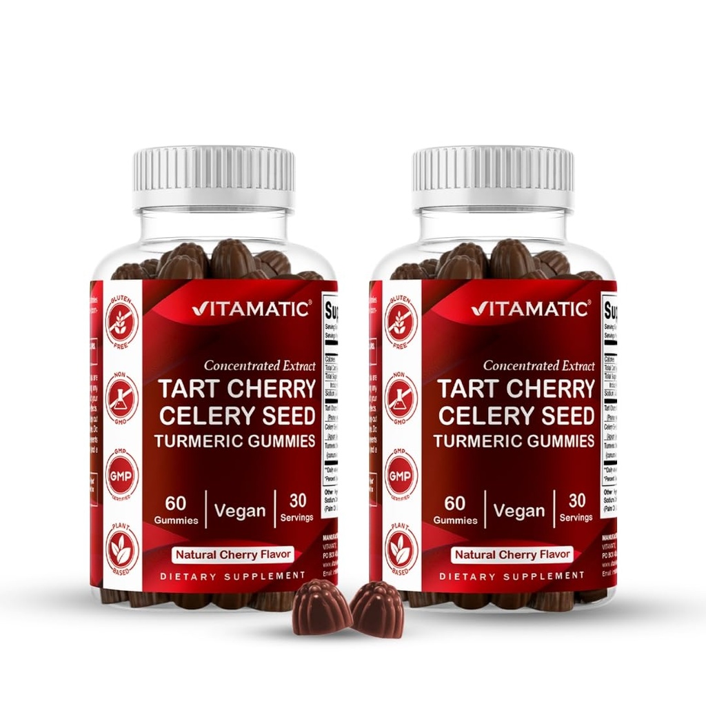 Vitamatic Tart Cherry med Sellery Seed Gummies - Equivals Ækvivalent Per Serving (fra 10: 1 Uddrag, 400mg) - 2- Pack