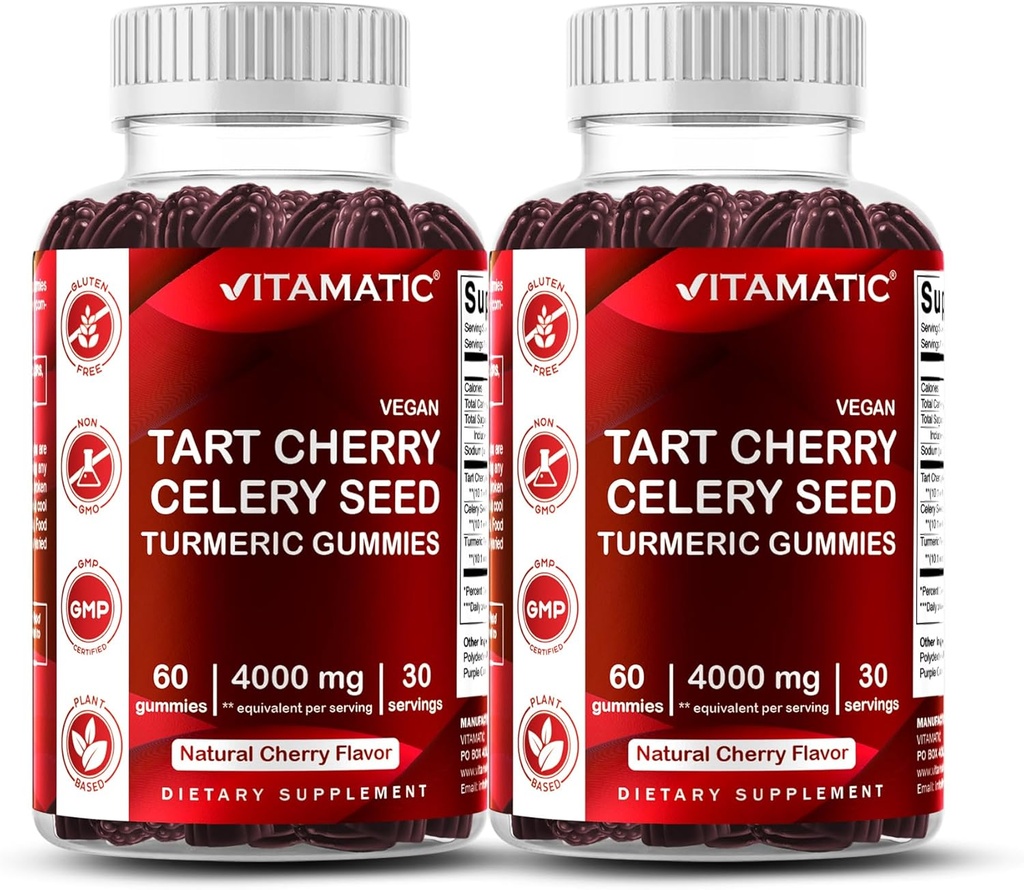 Vitamatic Tart Cherry med Sellery Seed Gummies - Equivals Ækvivalent Per Serving (fra 10: 1 Uddrag, 400mg) - 2- Pack