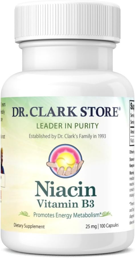 Dr. Clark Niacin (vitamin B3) Supplement - 25mg, 100 Gelatine kapsler, understøtter cirkulation og sund Kolesterolniveauer