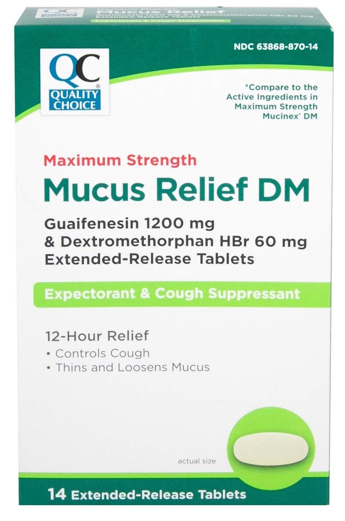 Quality Choice Maximum Strength Mucus Relief DM, Host Suppressant og Expectorant, 12 timers Relief, Guaifenesin 1200 mg og Dextromethorphan HBr 60 mg Extended Release Tablets, 14 Count
