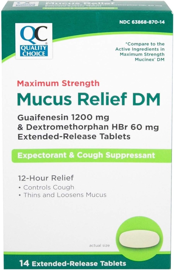Quality Choice Maximum Strength Mucus Relief DM, Host Suppressant og Expectorant, 12 timers Relief, Guaifenesin 1200 mg og Dextromethorphan HBr 60 mg Extended Release Tablets, 14 Count