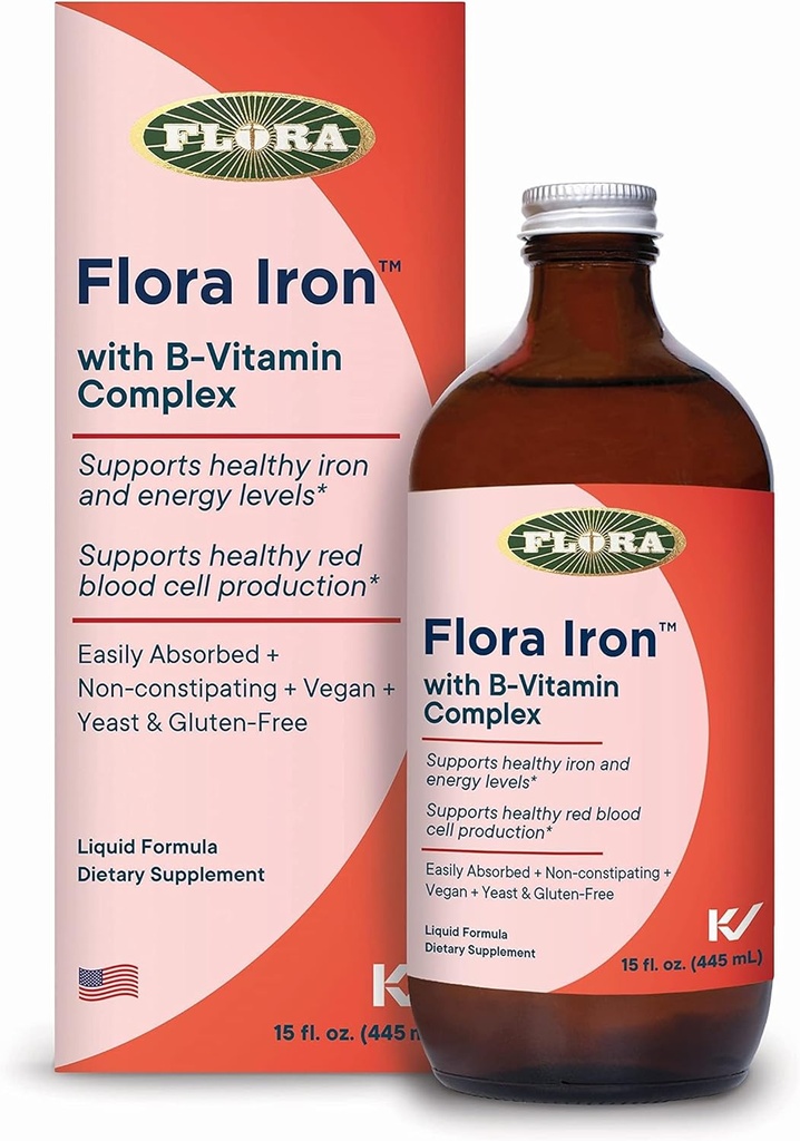 Flora Iron - Vegansk flydende jern supplement med B vitaminer - Tilbud Red Blood Cell & Energy Support - Yeast- Free & Gluten- Free - Lækker frugtsaftbund - 15 fl. oz. Glasflaske