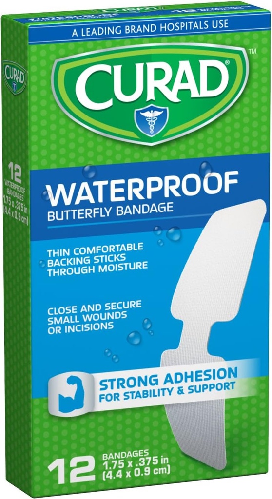Curad Vandtæt Butterfly Adhesive Bandages, 1,75 "x .375", 12 Greve