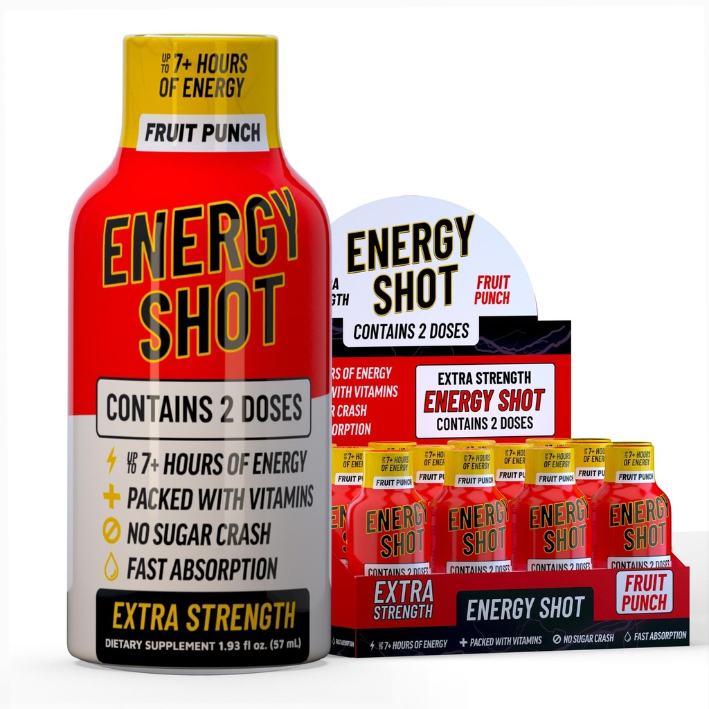 Frugt Punch Ekstra Styrke Energi Shot 12 pk - 260mg Naturlig Koffein B12 B6 - Energi & Focus Support - 2 Servere sukker gratis nul kalorie grøn te B-Vitaminer Electrolytes Vegan - 1,93 fl oz