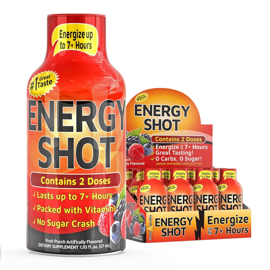Frugt Punch Ekstra Styrke Energi Shot 12 pk - 260mg Naturlig Koffein B12 B6 - Energi & Focus Support - 2 Servere sukker gratis nul kalorie grøn te B-Vitaminer Electrolytes Vegan - 1,93 fl oz