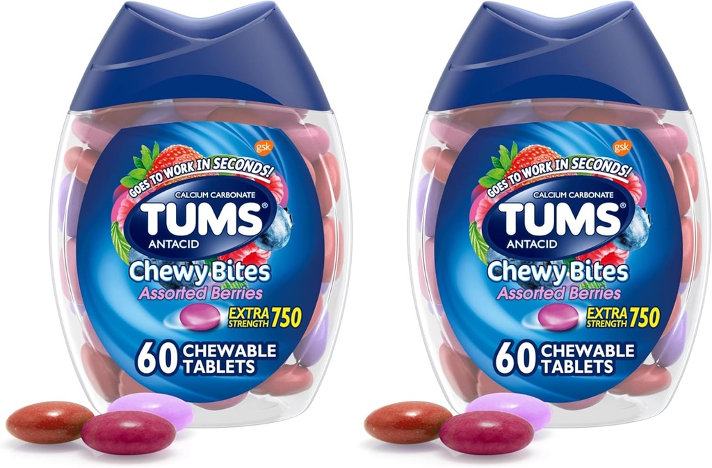 TUMS Chewy Bites Antacida Tabletter til Chewable Heartburn Relief og Syre fordøjelsesbesvær Relief, Assorted Berries - 60 Greve (pakke med 2)