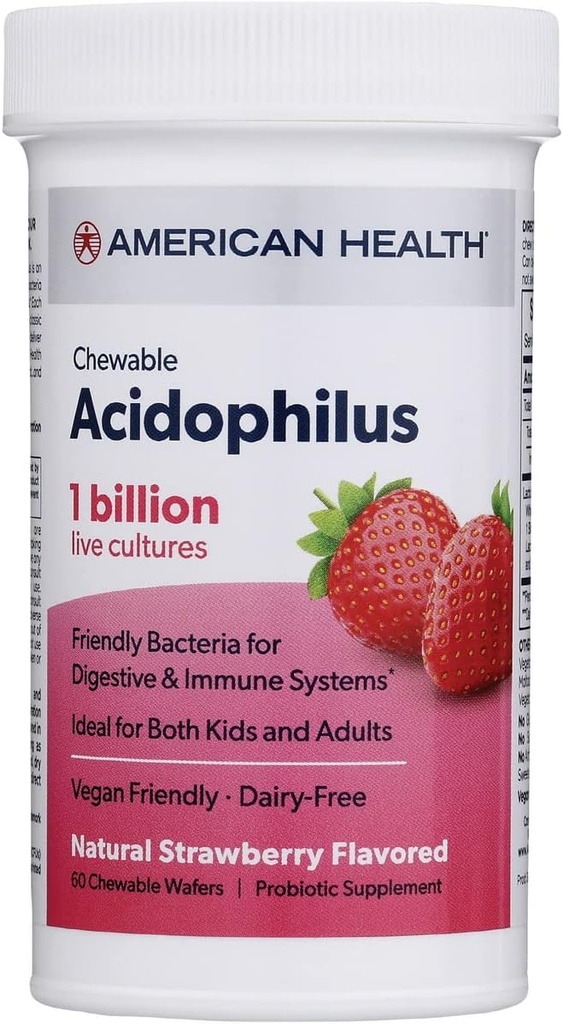 AMERICAN SUNDHED Daglig tyggetablet Acidophilus, 1 Millioner levende kulturer, Beneficial Bacteria for Digestive & Immunsystemet, Jordbær, 60 Greve