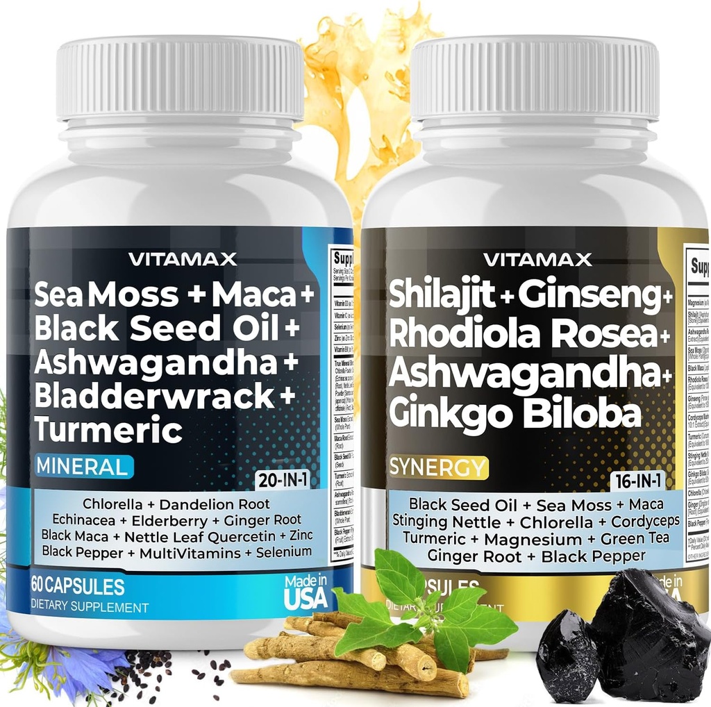 Pure Himalayan Shilajit Supplement, Sea Moss, Ashwagandha, Bladderwrack, Gingko Biloba, Organic Capsules & Trace Mineral for - Non- GMO - Vegan - Mænd og kvinder - Made in USA