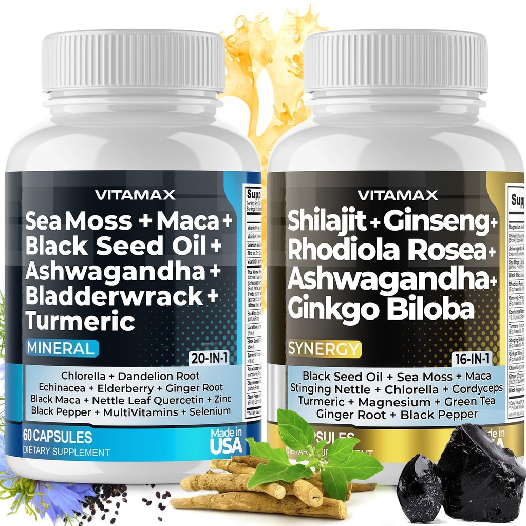 Vitamax Pure Himalayan Shilajit Supplement, Sea Moss, Ashwagandha, Bladderwrack, Gingko Biloba, Organic Capsules & Trace Mineral for - Non- GMO - Vegan - Mænd og kvinder - Made in USA