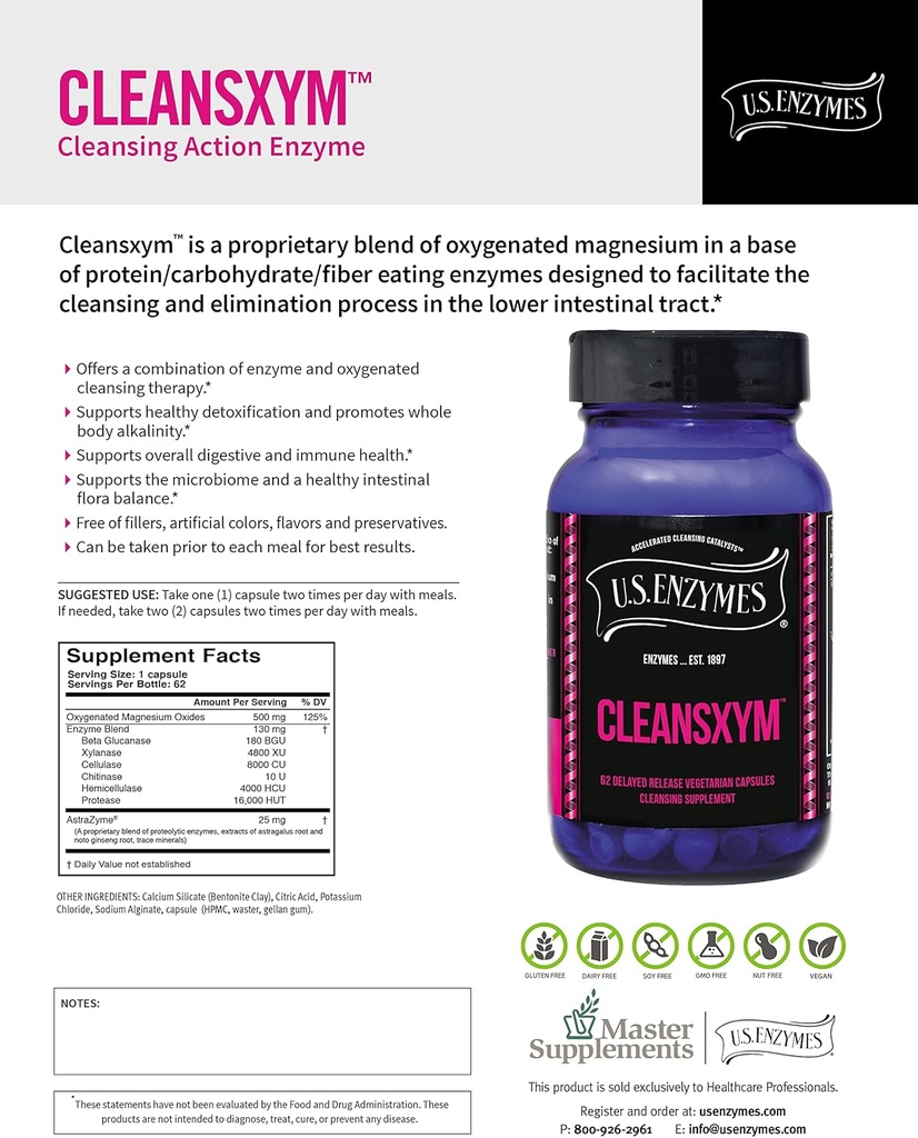 US Enzymes CLEANSXYM 62 Vegetariske Kapsler. Rengøring supplement.