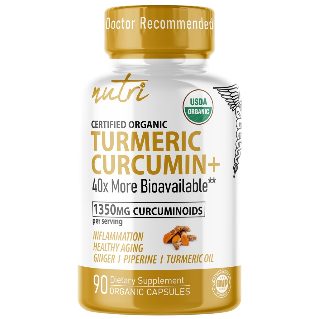 Naturens Fusioner Nutri Økologisk Gurkemeje Supplement 1425mg - 40x Mere Biotilgængelig - 95% Curcuminoider - Gurkemeje med Sort Peber, Ginger & Gurkemeje Olie - Supplement