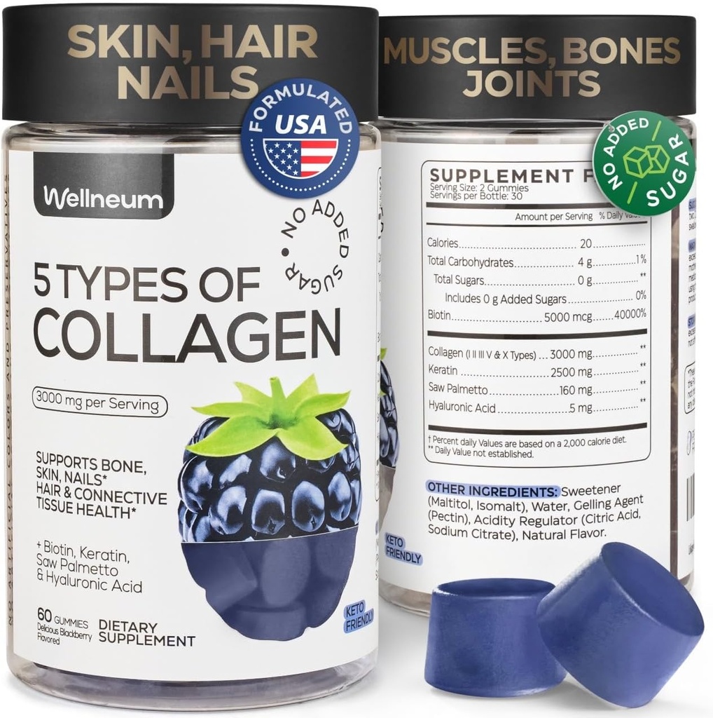 Collagen Peptid Gummier for kvinder og mænd - Collagen Gummy supplement til sundt hår, hud, negle og knogler - Hyaluronsyre, biotin, Keratin, Saw Palmetto - Sukker fri, Ingen GMO og Gluten, 60 Pcs
