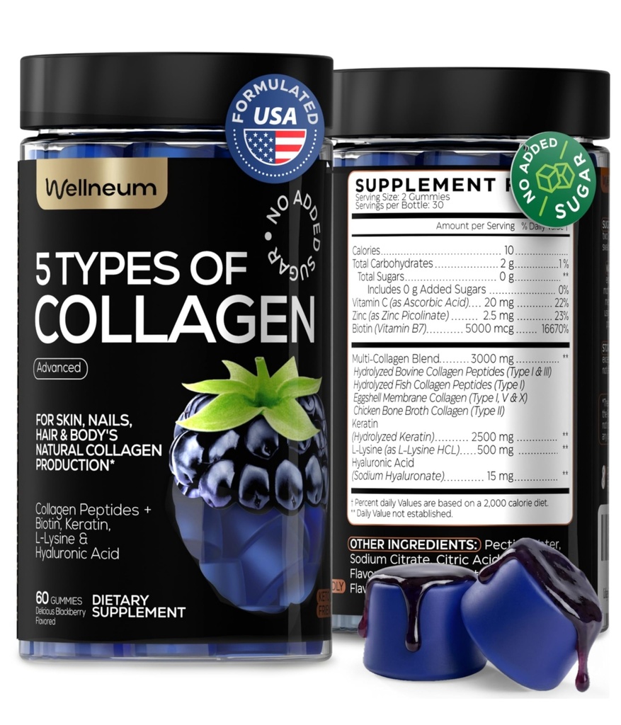 Collagen Peptid Gummier for kvinder og mænd - Collagen Gummy supplement til sundt hår, hud, negle og knogler - Hyaluronsyre, biotin, Keratin, Saw Palmetto - Sukker fri, Ingen GMO og Gluten, 60 Pcs