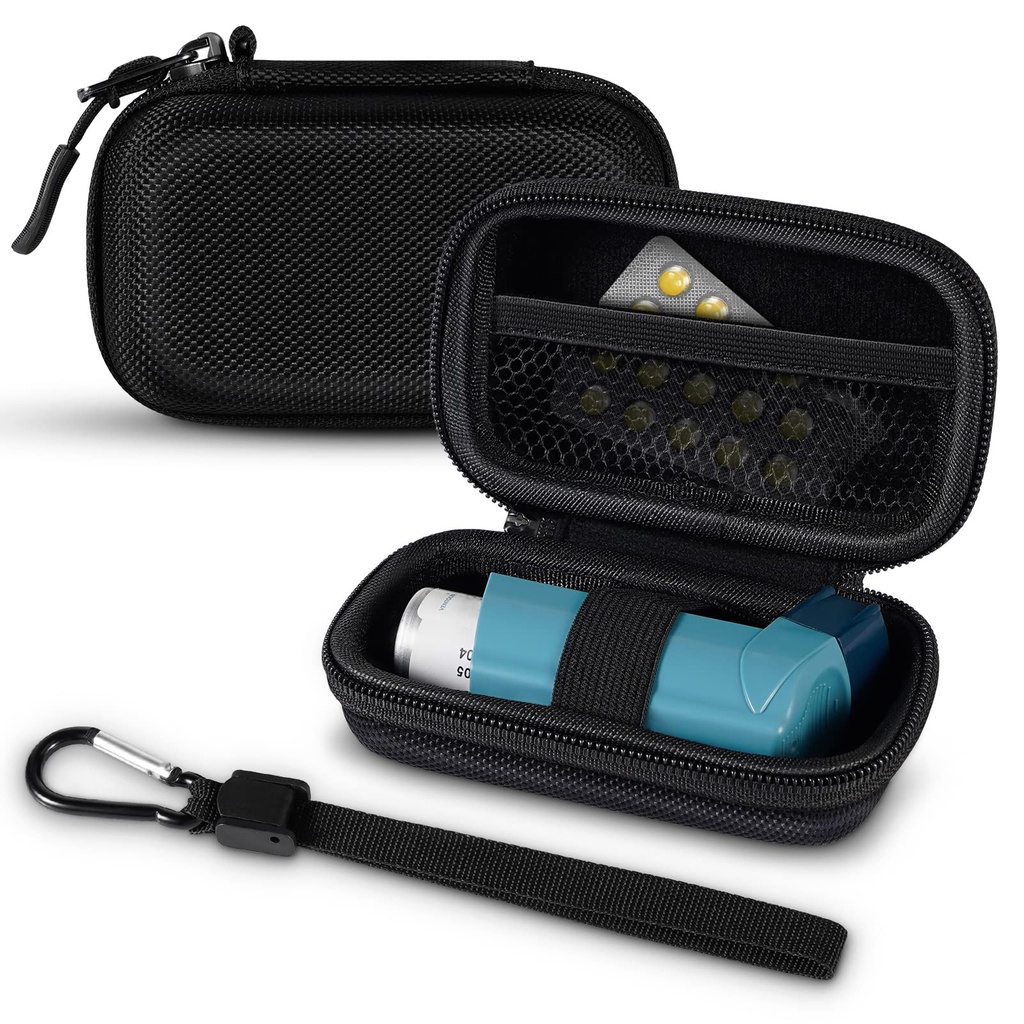 Inhalersag, Hard Shell Beskyttende Rejsebæresag, Fits Standard Rescue & New Albuterol Inhalerenheder op til 4 tommer, Enhed ikke inkluderet, Sort