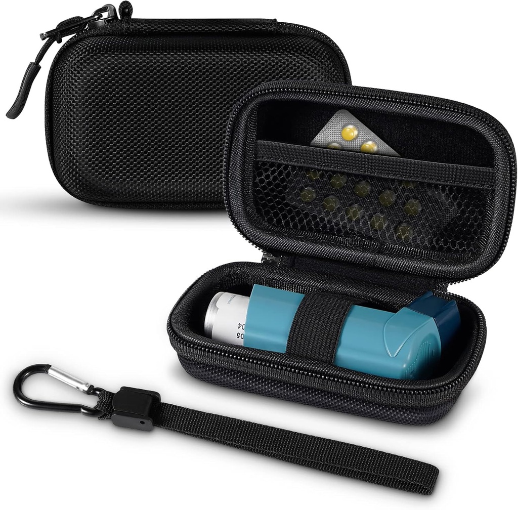 Inhalersag, Hard Shell Beskyttende Rejsebæresag, Fits Standard Rescue & New Albuterol Inhalerenheder op til 4 tommer, Enhed ikke inkluderet, Sort