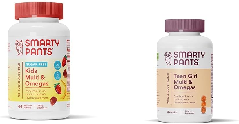 SmartyPants Kids Multivitamin Gummies, Sugar Free: Omega 3 (ALA) & Teen Girl Multivitamin Gummies: Omega 3 Fish Oil (EPA / DHA)
