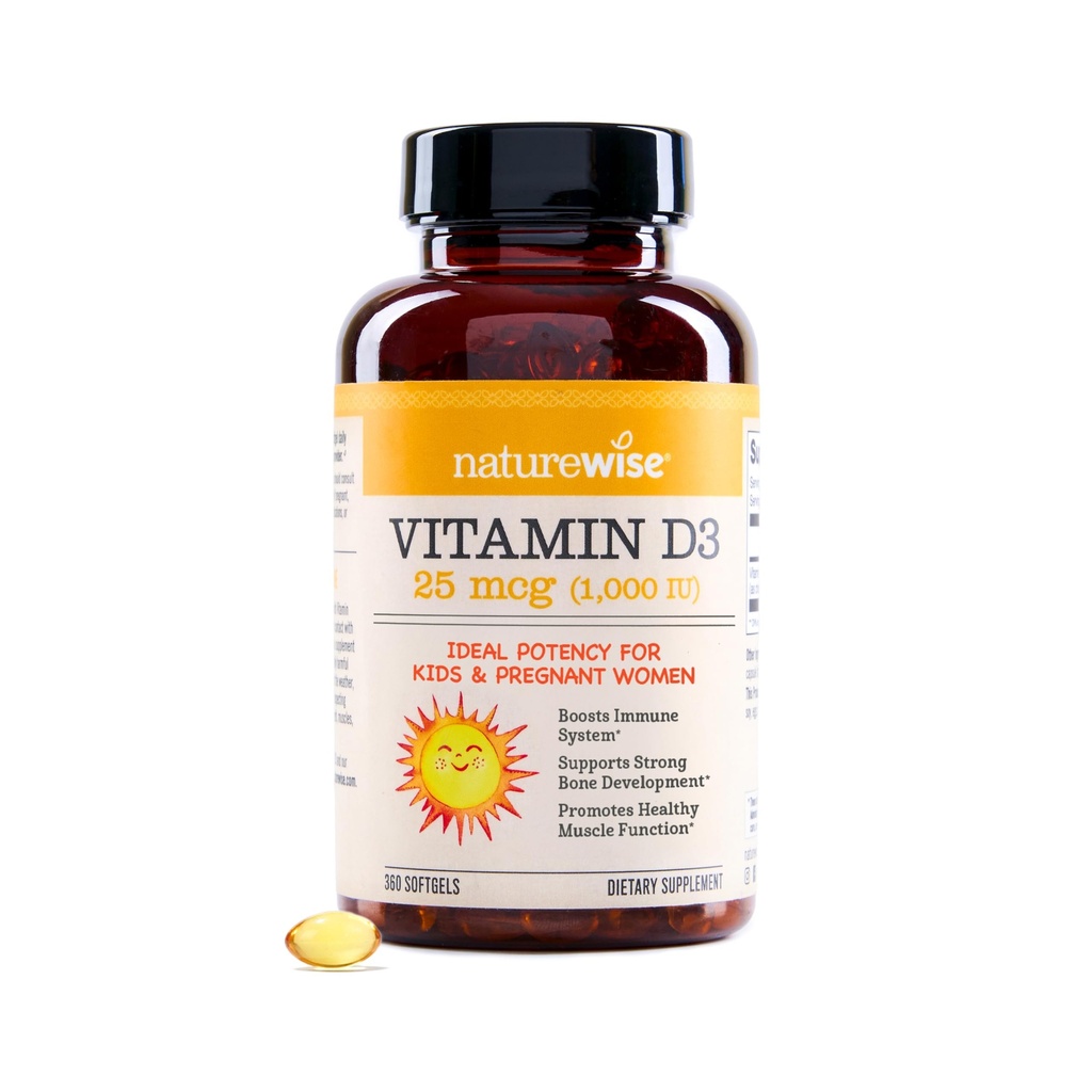 NatureWise Vitamin D3 1000iu (25 mcg) 1- År Support til immunforsvar, sund muskelfunktion, og ben sundhed - non-GMO, Gluten Free in Organic Extra Virgin Olivenolie, (Mini Softgel), 360 Tæl