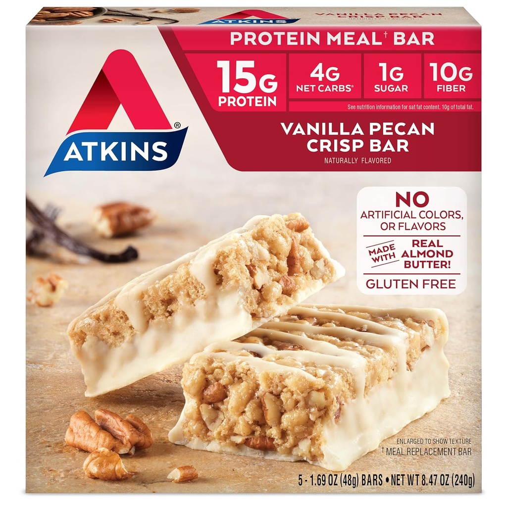 Atkins Vanilla Pecan Crisp Protein Meal Bar, High Fiber, 1g Sukker, 4g Net Carb Meal Erstatning, Keto Friendly, 5 Greve