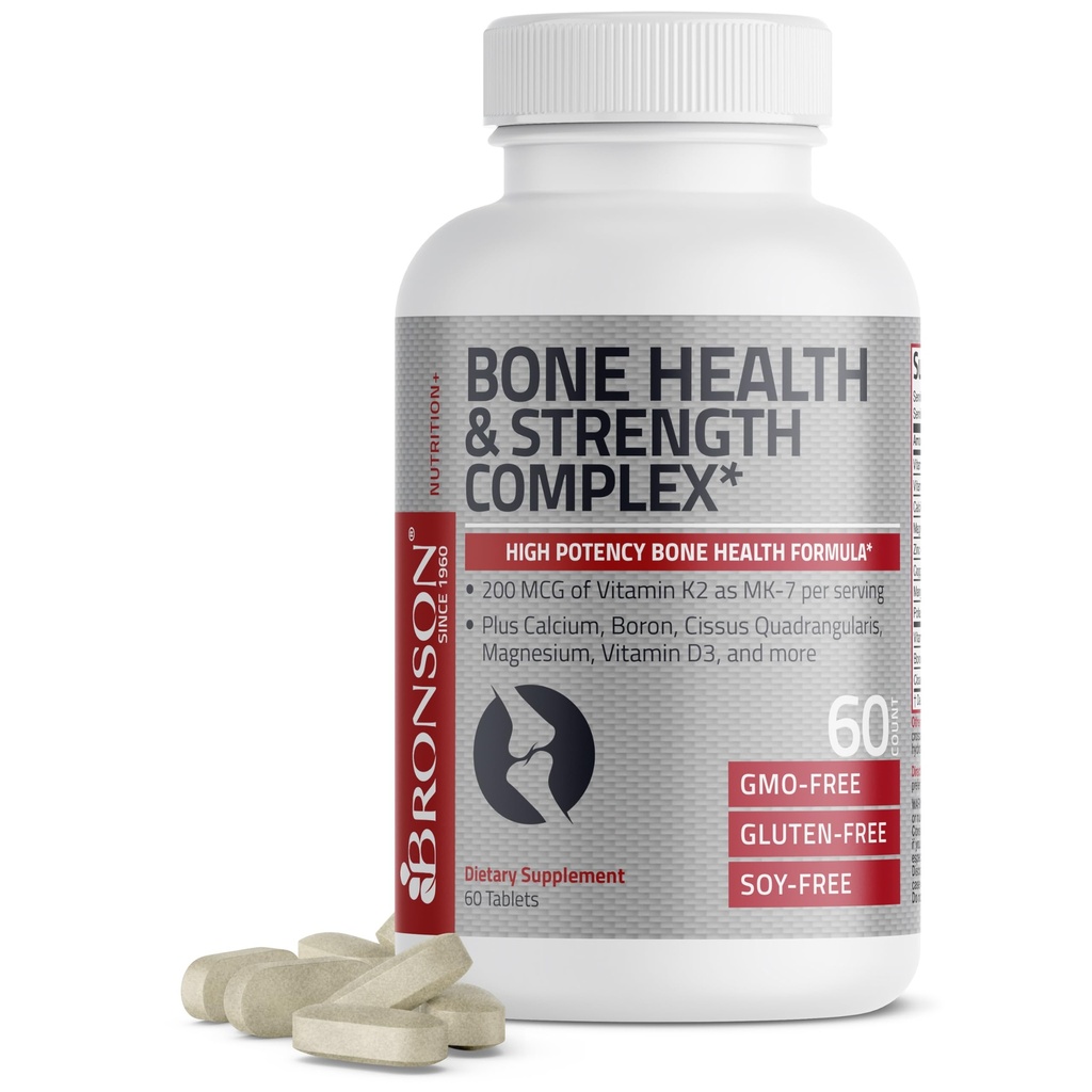 Bronson Bone Health & Strength Complex * High Potency Formel 200 MCG af vitamin K2 som MK7, Plus Calcium, Bor, Cissus Quadrangularis, Magnesium, Vitamin D3, og mere - ikke-GMO, 60 tabletter