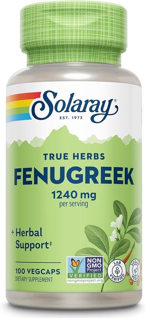 SOLARAY Fenugreek Seed 1240 mg, sund fordøjelsesstøtte og mere, Vegan og Lab Verificeret for kvalitet, 50 Servere, 100 VegCaps