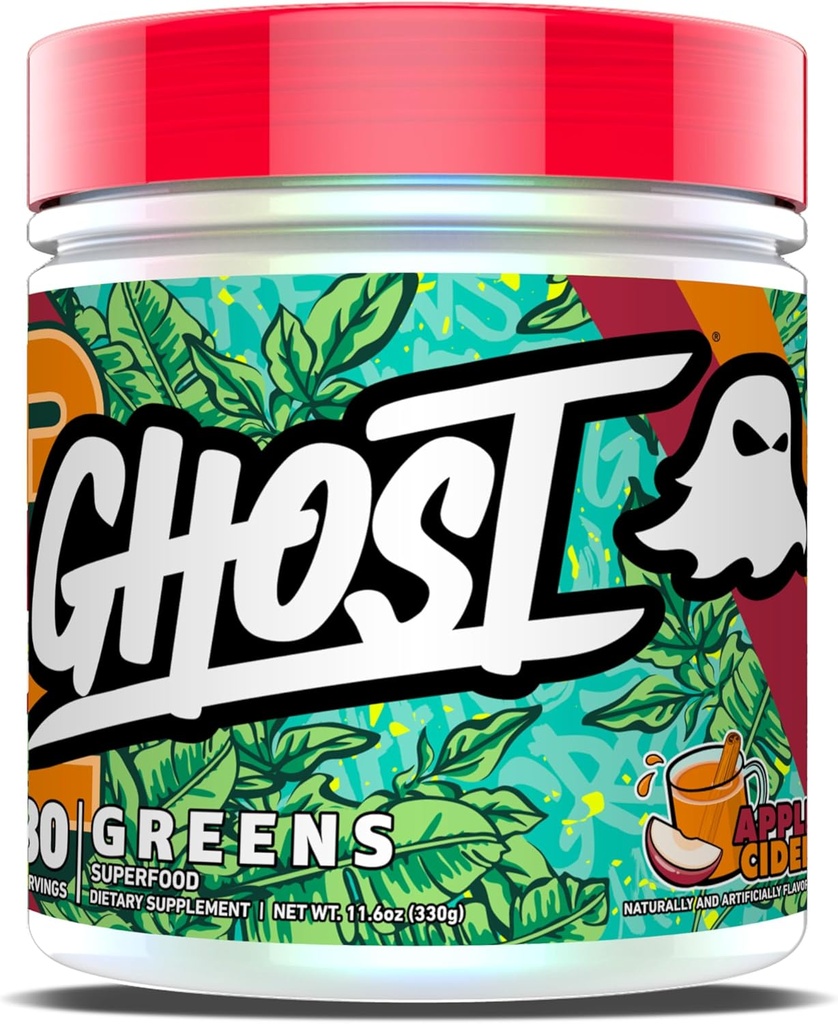 GHOST Green Powder, Apple Cider - 30 Servering - 19 Superfood Green & Reds Powder, Frugter, Grøntsager, Spirulina, & Chlorella, Prebiotika, 10 Millioner CFU Probiotiske & fordøjelsesmæssige enzymer - Gluten- Free