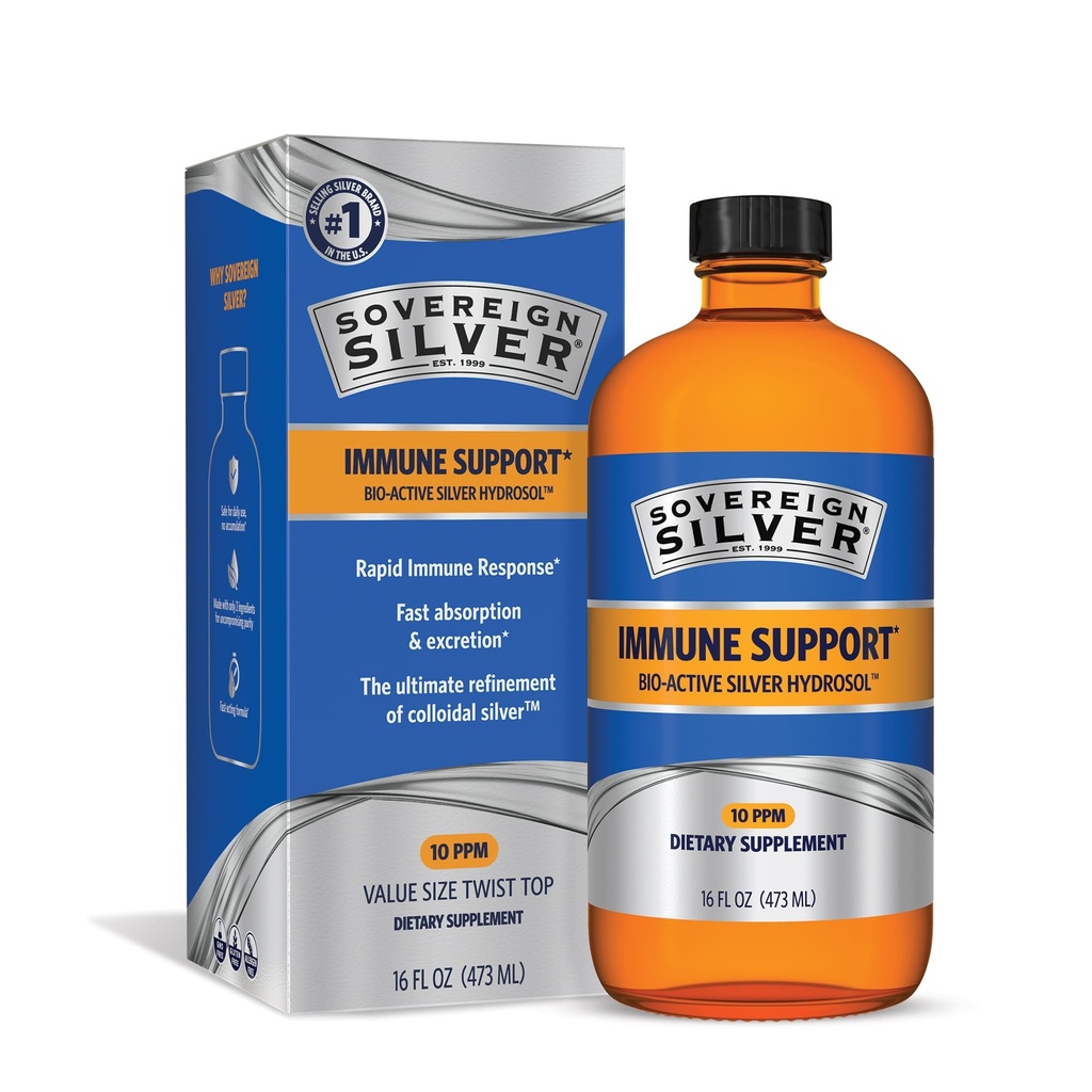 Sovereign Sølv Immunforsvar Support - Kolloid Sølv, Bio- Active Silver Hydrosol, 10 ppm, Flydende Twist Top, 16 Fl Oz, (473 mL)