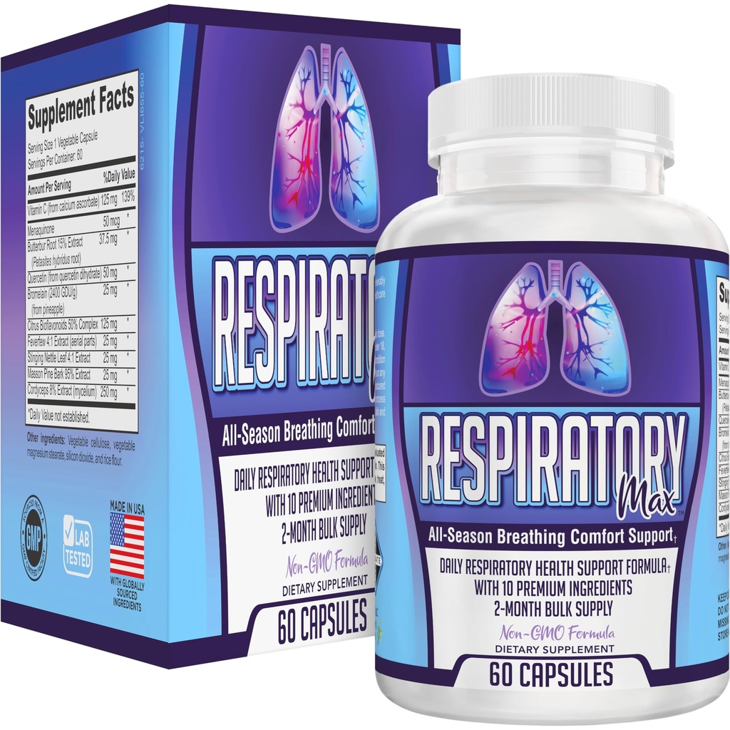 Respiratory-Max (2-Month) Lung & Respiratory Support Supplements | 10-in-1 Formula | Respiratory Health Supplement Complex | 60-Day Bulk Supply | 60 Capsules