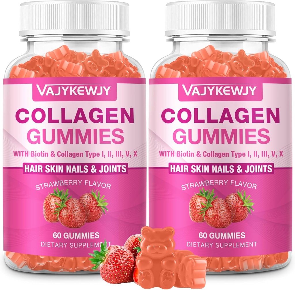 2-Pack Collagen Gummies for kvinder & mænd - med biotin, C-vitamin, & Zink til hudstråling, hårvækst, stærke negle, & fælles støtte, 120 Greve