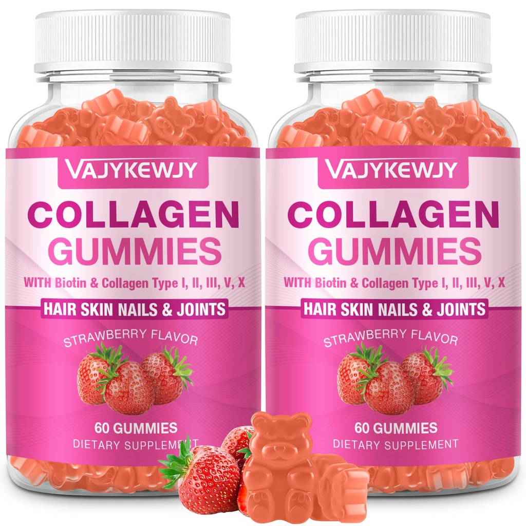 2-Pack Collagen Gummies for kvinder & mænd - med biotin, C-vitamin, & Zink til hudstråling, hårvækst, stærke negle, & fælles støtte, 120 Greve
