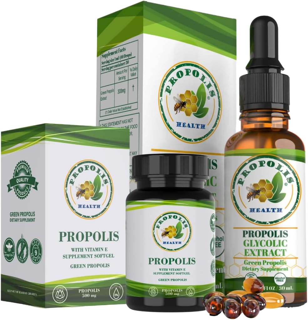 Propolis Health Premium Brasiliansk Green Propolis Bundle: 1000 mg kapsler med E-vitamin & Green Propolis ekstrakt flydende - 50 dage Capsule & 30 dage flydende forsyning til immunforsvar