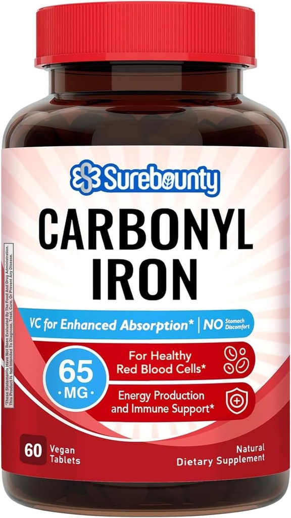 Carbonyl Jern, med naturlige C-vitamin, blid på Maven, Høj Absorption, for røde blodceller funktion, energistøtte, Vegan, 60 Tabs