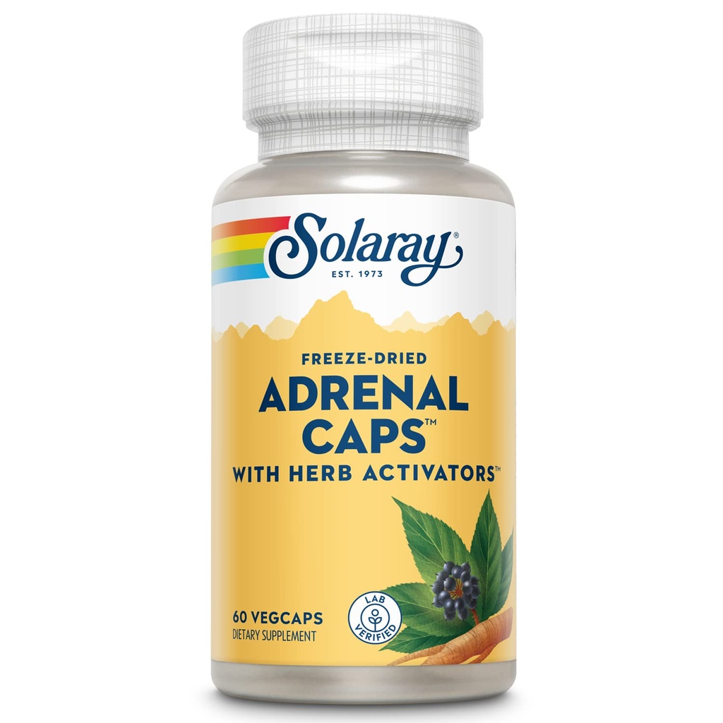 SOLARAY Adrenal Caps, Freeze- Tørret - Wellness Support Adrenal Cocktail med Herb Activatorer Eleuthero, Gotu Kola, Lakrids og Clove - Lab Verified, 60-dages garanti - 30 Servere, 60 VegCaps