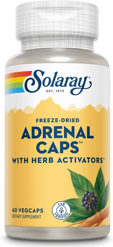 SOLARAY Adrenal Caps, Freeze- Tørret - Wellness Support Adrenal Cocktail med Herb Activatorer Eleuthero, Gotu Kola, Lakrids og Clove - Lab Verified, 60-dages garanti - 30 Servere, 60 VegCaps